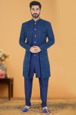 Resham Thread Embroidered Jacquard Dark Blue Men Sherwani