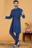 Resham Thread Embroidered Jacquard Dark Blue Men Sherwani
