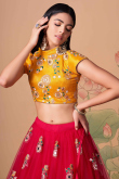 Resham Thread Embroidered Net Cherry Red Lehenga