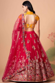 Resham Thread Embroidered Net Cherry Red Lehenga