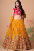 Lehenga for Wedding Wear in Net Mustard Yellow with Thread Work