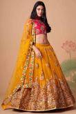 Lehenga for Wedding Wear in Net Mustard Yellow with Thread Work