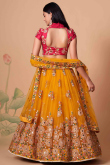 Lehenga for Wedding Wear in Net Mustard Yellow with Thread Work
