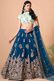 Resham Thread Embroidered Net Sea Blue Lehenga