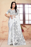 Resham Thread Embroidered Net White Saree