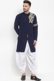 resham Thread Work Cotton blend Navy Blue Men Kurta Pajama