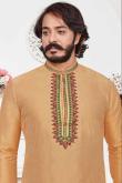 Resham Work Embroidered Art Silk Beige Men Kurta Pajama