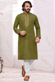 Resham Work Embroidered Art Silk Olive Green Men Kurta Pajama