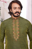 Resham Work Embroidered Art Silk Olive Green Men Kurta Pajama