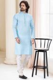 Resham Work Embroidered Cotton Sky Blue Men Kurta churidar