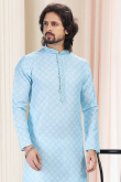 Resham Work Embroidered Cotton Sky Blue Men Kurta churidar