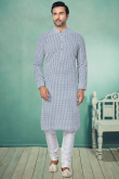 Resham Work Embroidered Georgette Bluish Grey Men Kurta Churidar
