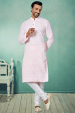 Resham Work Embroidered Georgette Light Pink Men Kurta Churidar 