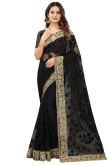 Resham Work Embroidered Net Black Party Wear Saree
