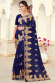 Resham Work Embroidered Net Dark Blue Saree
