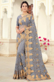 Resham Work Embroidered Net Designer Steel Grey Saree