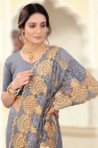 Resham Work Embroidered Net Designer Steel Grey Saree