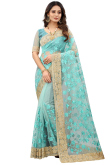 Resham Work Embroidered Net Light Blue Saree