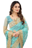 Resham Work Embroidered Net Light Blue Saree