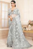 Light Grey Resham Work Embroidered Net Saree