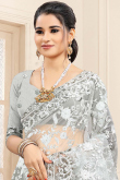 Light Grey Resham Work Embroidered Net Saree