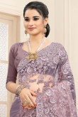 Resham Embroidered Net Mauve Pink Saree