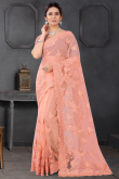 Resham Work Embroidered Net Peach Party Wear Saree