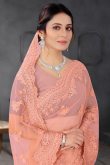 Resham Work Embroidered Net Peach Party Wear Saree