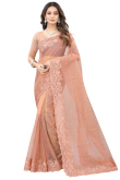 Resham Work Embroidered Net Peach Saree