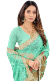 Resham Work Embroidered Net Persian Green Saree