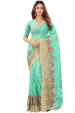 Resham Work Embroidered Net Persian Green Saree