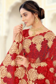 Resham Work Embroidered Net Red Indian Saree