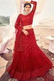 Resham Work Embroidered Net Red Lehenga