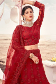 Resham Work Embroidered Net Red Lehenga