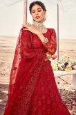 Resham Work Embroidered Net Red Lehenga