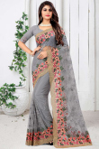 Resham Work Embroidered Net Steel Grey Saree