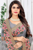 Resham Work Embroidered Net Steel Grey Saree