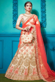 Resham Work Embroidered Satin Creamy Pink Lehenga