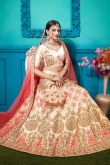 Resham Work Embroidered Satin Creamy Pink Lehenga
