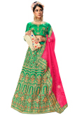 Resham Work Embroidered Satin Green Lehenga