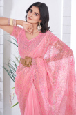 Rose Pink Sequins Embroidered Net Saree For Festival 
