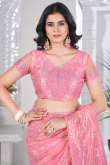 Rose Pink Sequins Embroidered Net Saree For Festival 