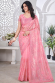 Rose Pink Sequins Embroidered Net Saree For Festival 