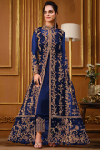 Royal Blue Crepe Trouser Suit with Net Embroidered Jacket