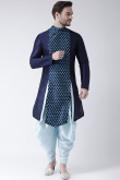 Royal Blue Printed Dupion Silk Side Slit Men's Kurta With Dhoti 