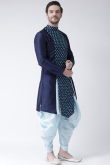 Royal Blue Printed Dupion Silk Side Slit Men's Kurta With Dhoti 