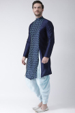 Royal Blue Printed Dupion Silk Side Slit Men's Kurta With Dhoti 