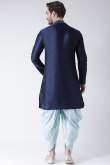 Royal Blue Printed Dupion Silk Side Slit Men's Kurta With Dhoti 