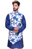Royal Blue Raw Silk Kurta Set With Asymmetric Waist Coat