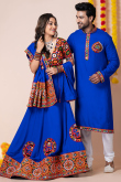 Royal Blue Rayon Patch Embroidered Couple's Outfit 